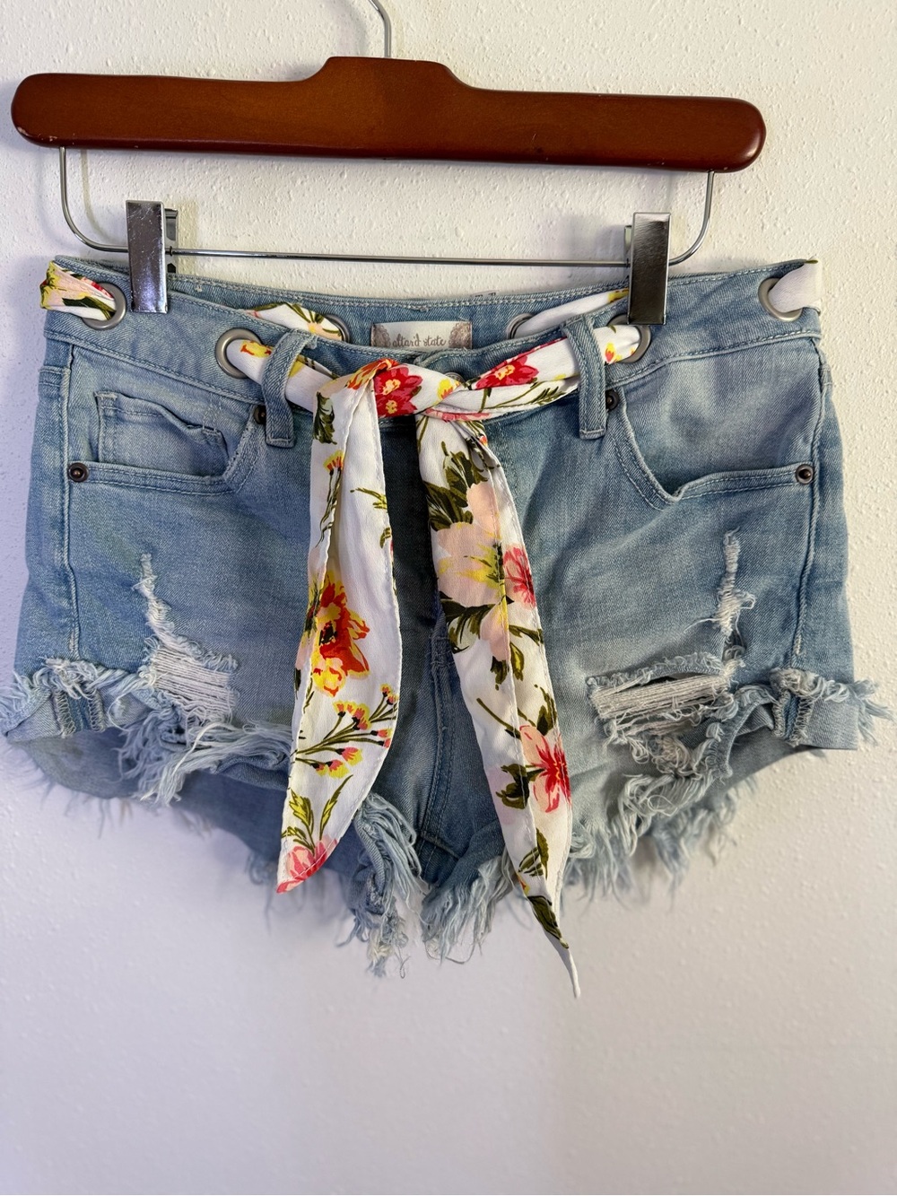 Altar’d State Distressed Denim Shorts 26 Floral Tie Waist High Rise